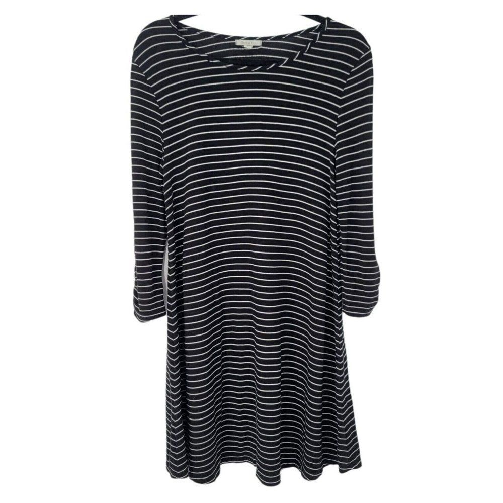 Garnet Hill Black White Stripe Dress 3/4 Ruched Sleeve Cute Small Work Comfy
